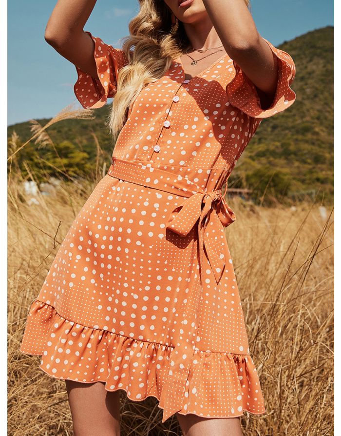 Summer Dress Ruffled Short Sleeve V-Neck Single Breasted Polka Dot Printed Stitching Belted Casual A-Line Dresses